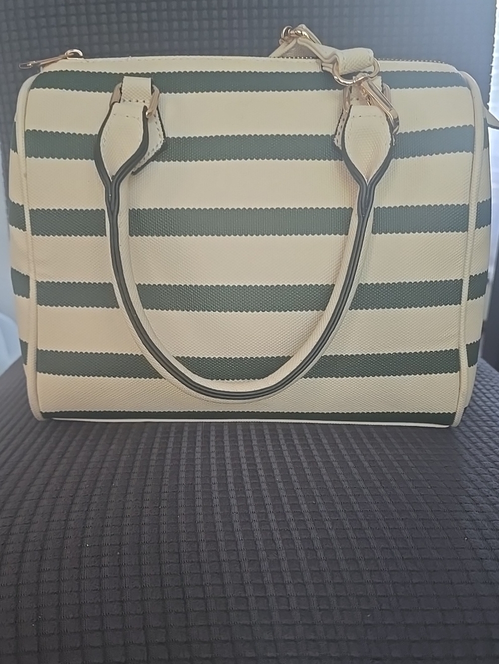 Women's Cream and Green Striped Satchel - Classic Structured Carryall